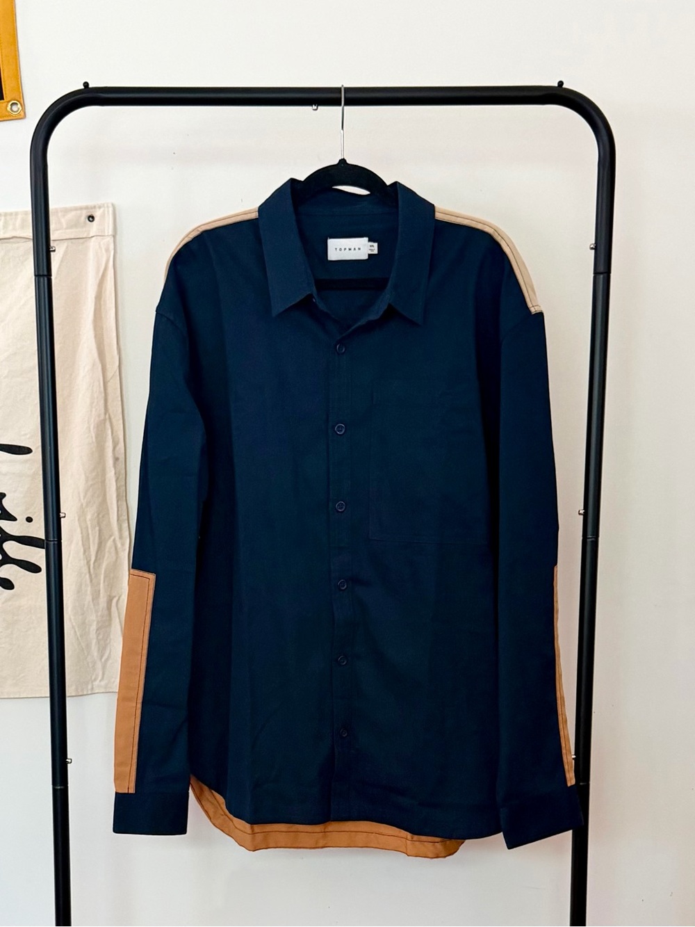Topman Navy Button-Down Shirt with Tan Contrast Panels